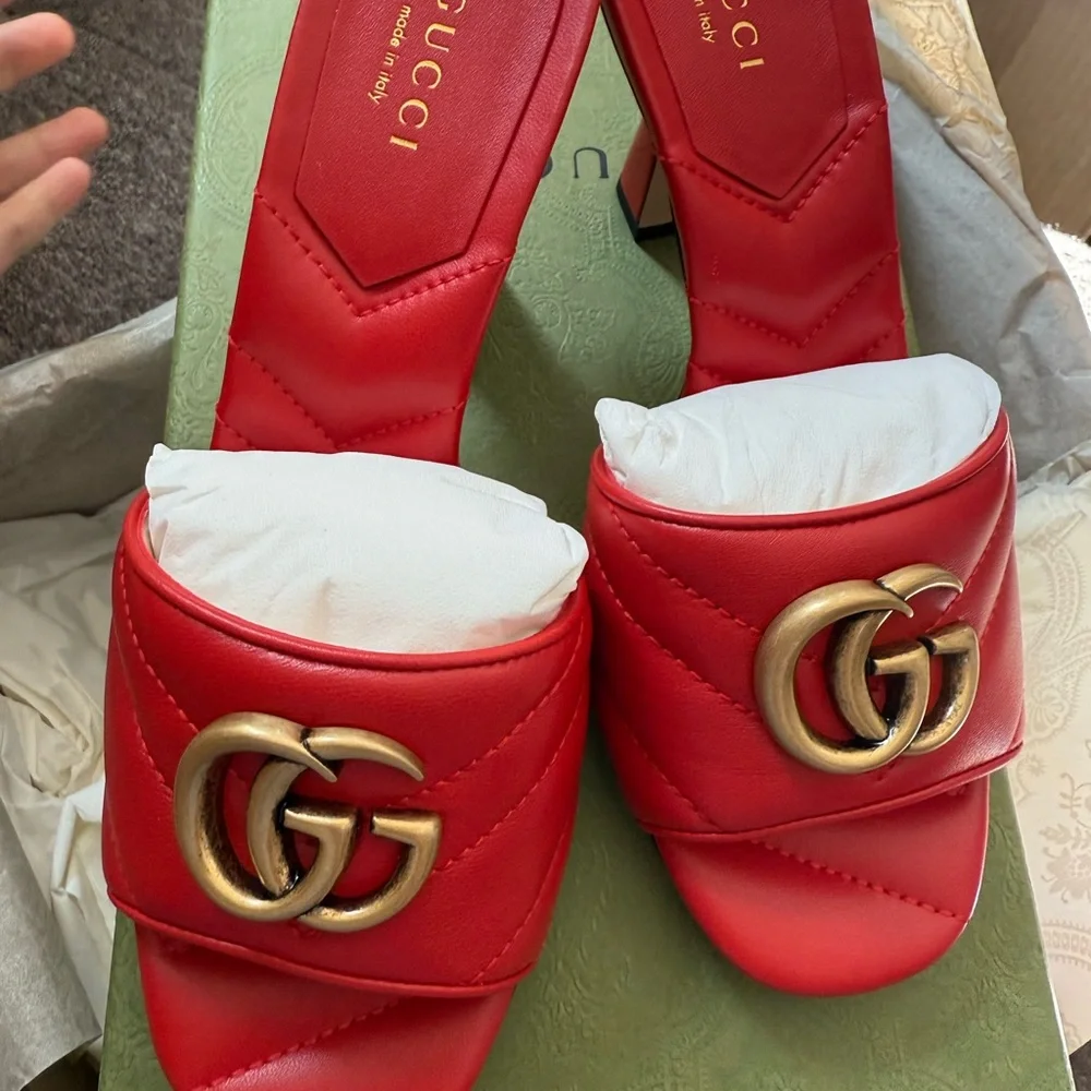 Gucci Red Quilted Leather Slide Sandals with Double G Hardware size 35 - Picture 5 of 13